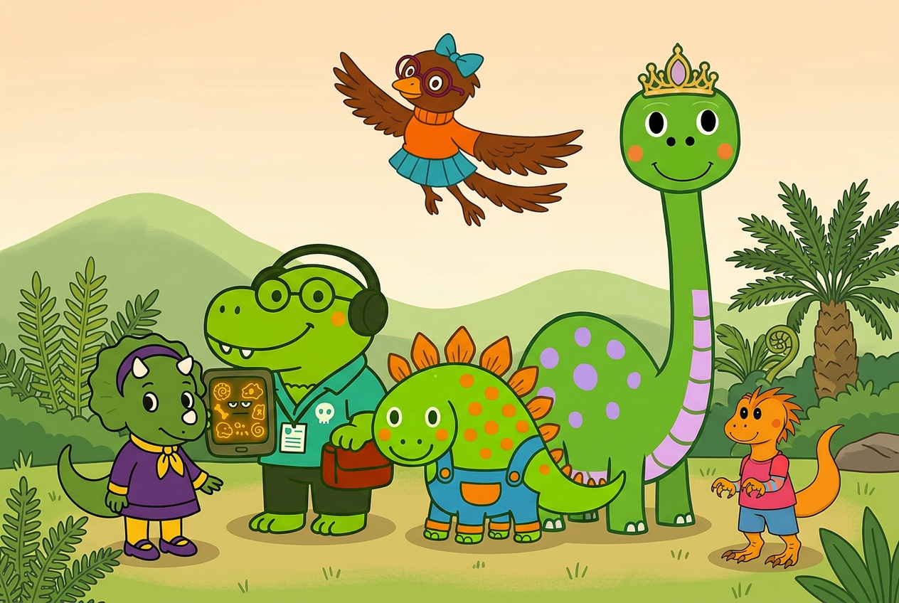 The Dinosaur Detective Club — five friendly cartoon dinosaurs standing together